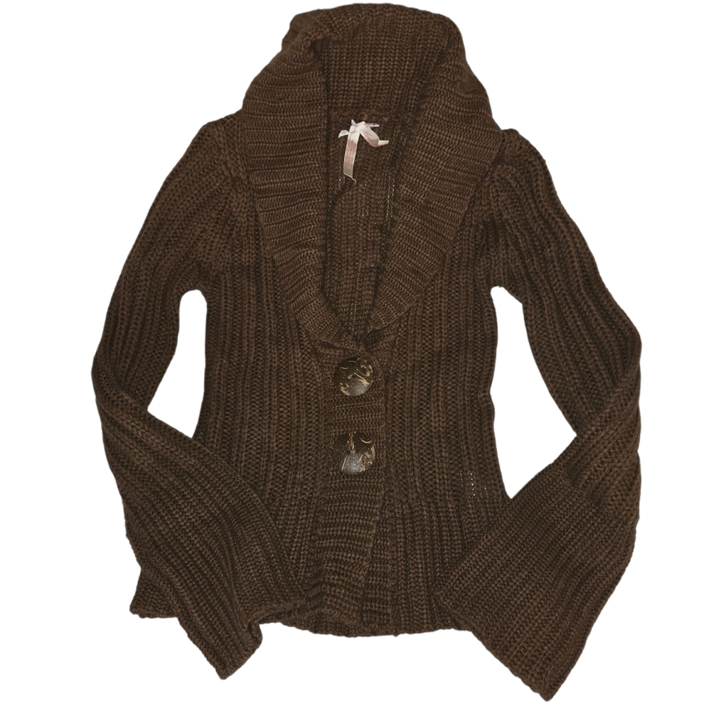 Cozy Women's Derek Heart Chunky Knit Brown Shawl Collar Sweater Buttons
